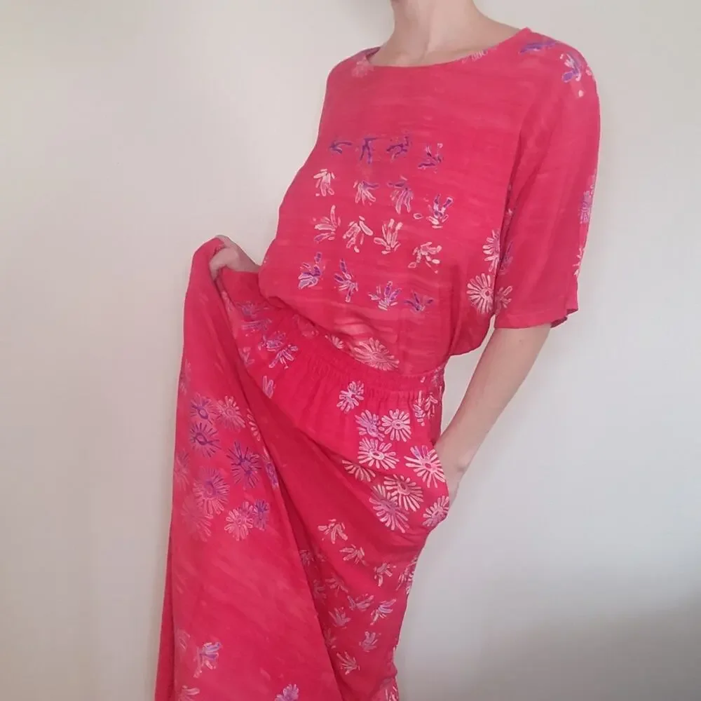 Vintage 90s Rayon Coral 2 Piece Matching Maxi Skirt Set Size Medium